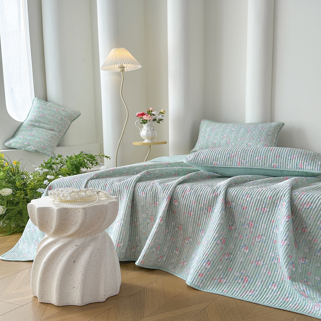 91家纺网 家纺一手货源 找家纺 橘夏家纺 2025新款莱赛尔天丝轻奢风多功能床盖三件套软凉席盖毯  梦幻-绿