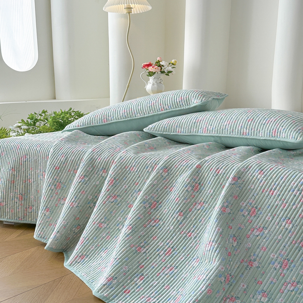 91家纺网 家纺一手货源 找家纺 橘夏家纺 2025新款莱赛尔天丝轻奢风多功能床盖三件套软凉席盖毯  梦幻-绿