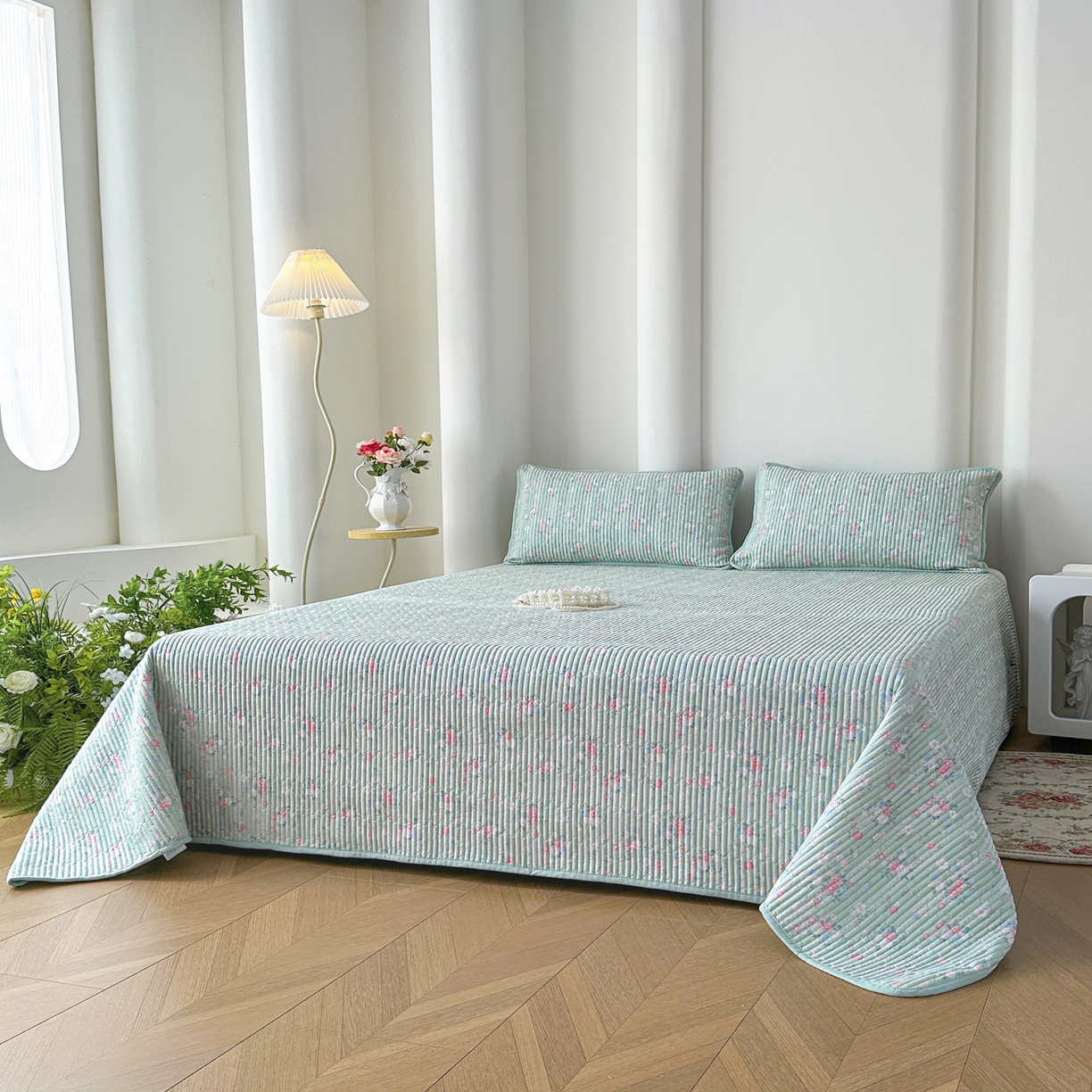 91家纺网 家纺一手货源 找家纺 橘夏家纺 2025新款莱赛尔天丝轻奢风多功能床盖三件套软凉席盖毯  梦幻-绿