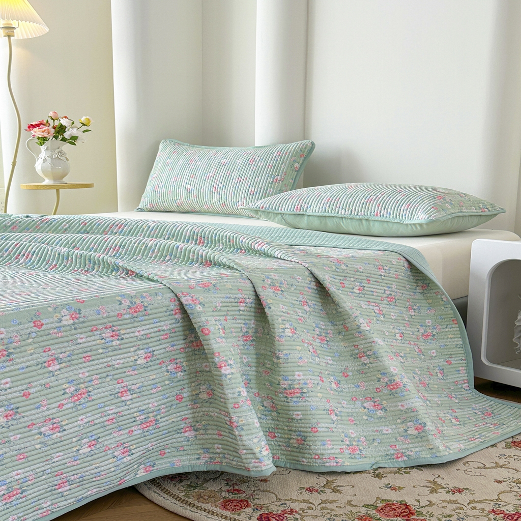 91家纺网 家纺一手货源 找家纺 橘夏家纺 2025新款莱赛尔天丝轻奢风多功能床盖三件套软凉席盖毯  梦幻-绿