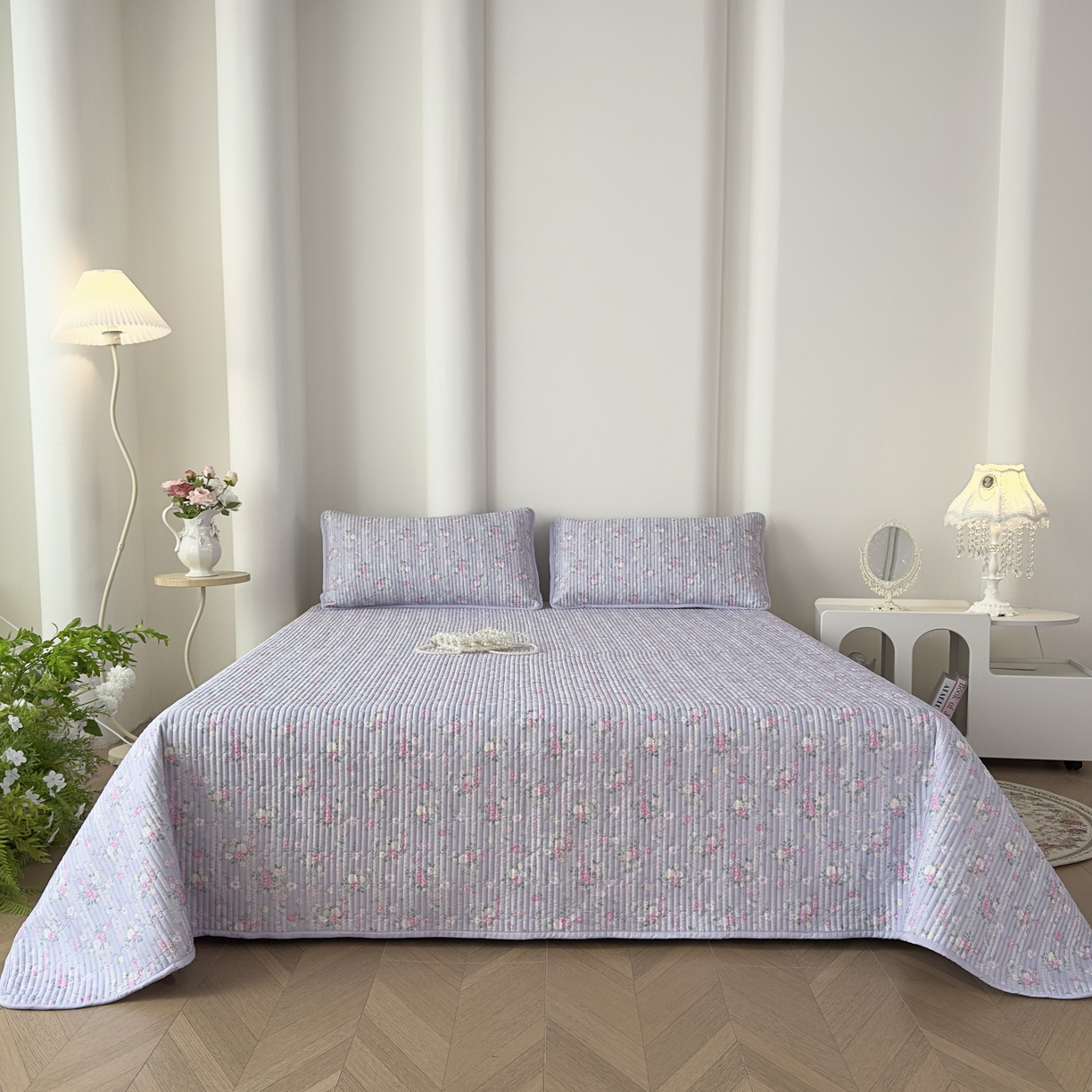 91家纺网 家纺一手货源 找家纺 橘夏家纺 2025新款莱赛尔天丝轻奢风多功能床盖三件套软凉席盖毯  梦幻紫