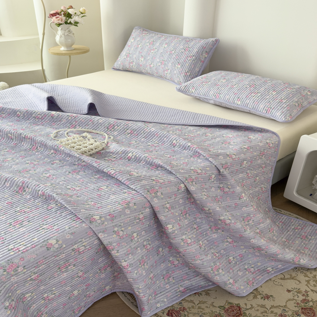 91家纺网 家纺一手货源 找家纺 橘夏家纺 2025新款莱赛尔天丝轻奢风多功能床盖三件套软凉席盖毯  梦幻紫