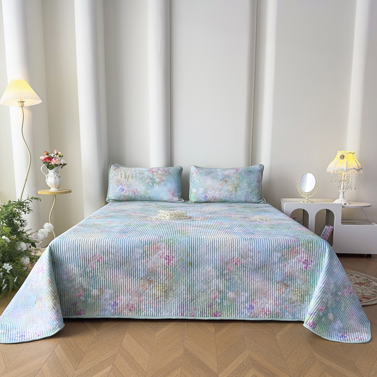 91家纺网 家纺一手货源 找家纺 橘夏家纺 2025新款莱赛尔天丝轻奢风多功能床盖三件套软凉席盖毯  米拉之家