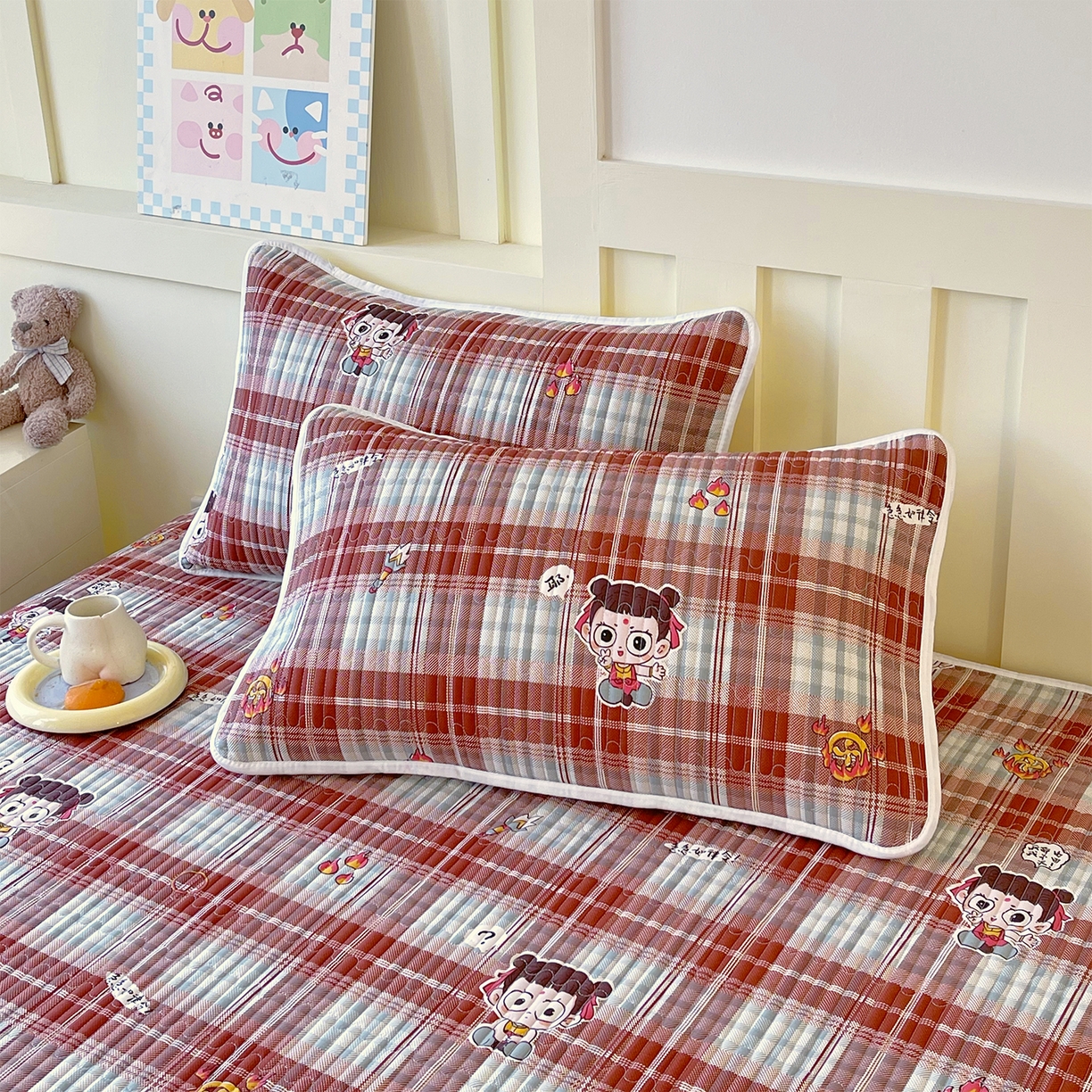 91家纺网 家纺一手货源 找家纺 金鑫汇家纺2025新款A类全棉绗缝夹棉印花床盖 传奇哪吒·棕