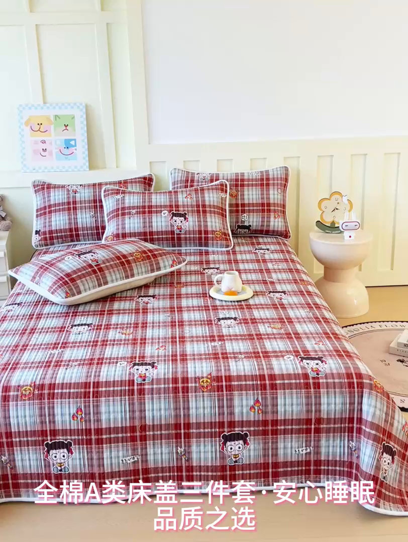 91家纺网 家纺一手货源 找家纺 金鑫汇家纺2025新款A类全棉绗缝夹棉印花床盖 传奇哪吒·棕