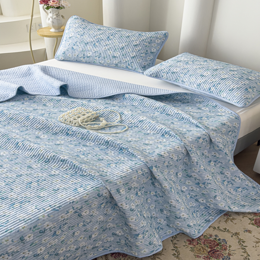 91家纺网 家纺一手货源 找家纺 橘夏家纺 2025新款莱赛尔天丝轻奢风多功能床盖三件套软凉席盖毯  清雅-兰