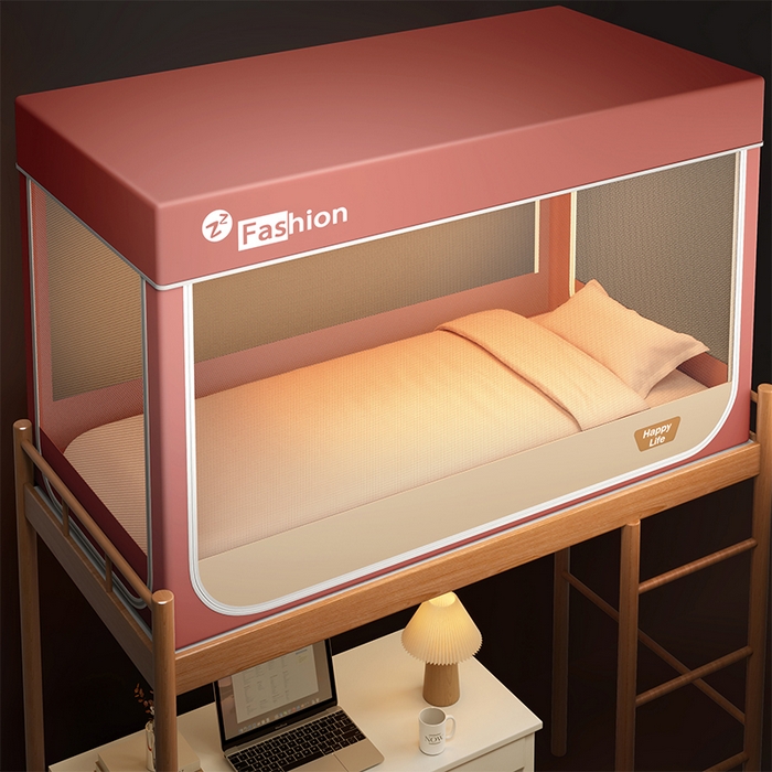 91家纺网 家纺一手货源 找家纺 梓瑄家居 2025新款学生坐床蚊帐宿舍遮光防尘顶学生上下铺三开门蚊帐 蔷薇红+卡其