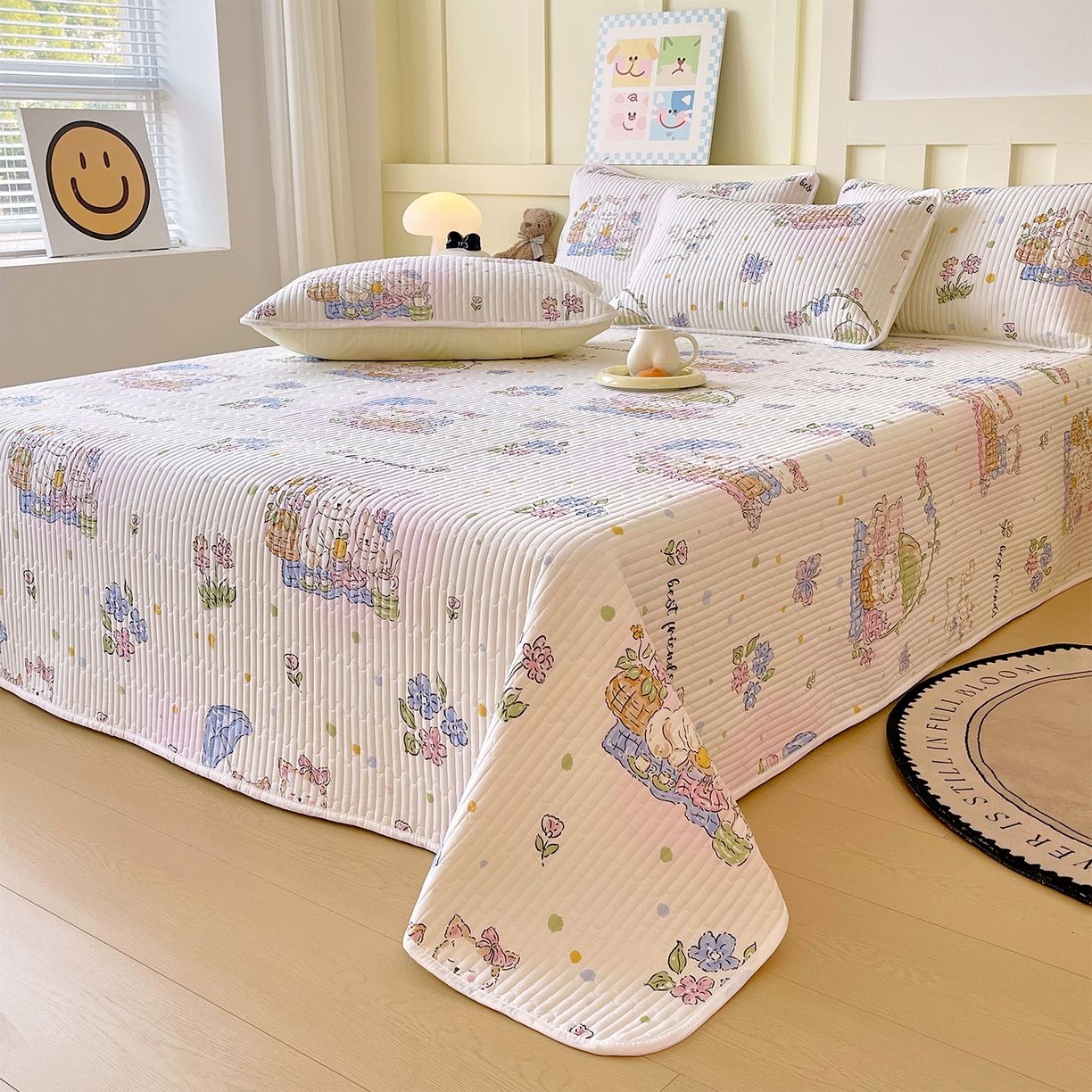 91家纺网 家纺一手货源 找家纺 金鑫汇家纺2025新款A类全棉绗缝夹棉印花床盖 喵喵日记