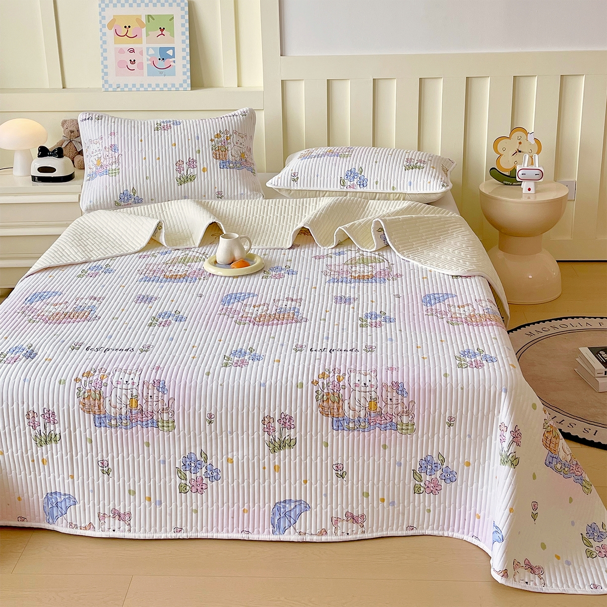 91家纺网 家纺一手货源 找家纺 金鑫汇家纺2025新款A类全棉绗缝夹棉印花床盖 喵喵日记