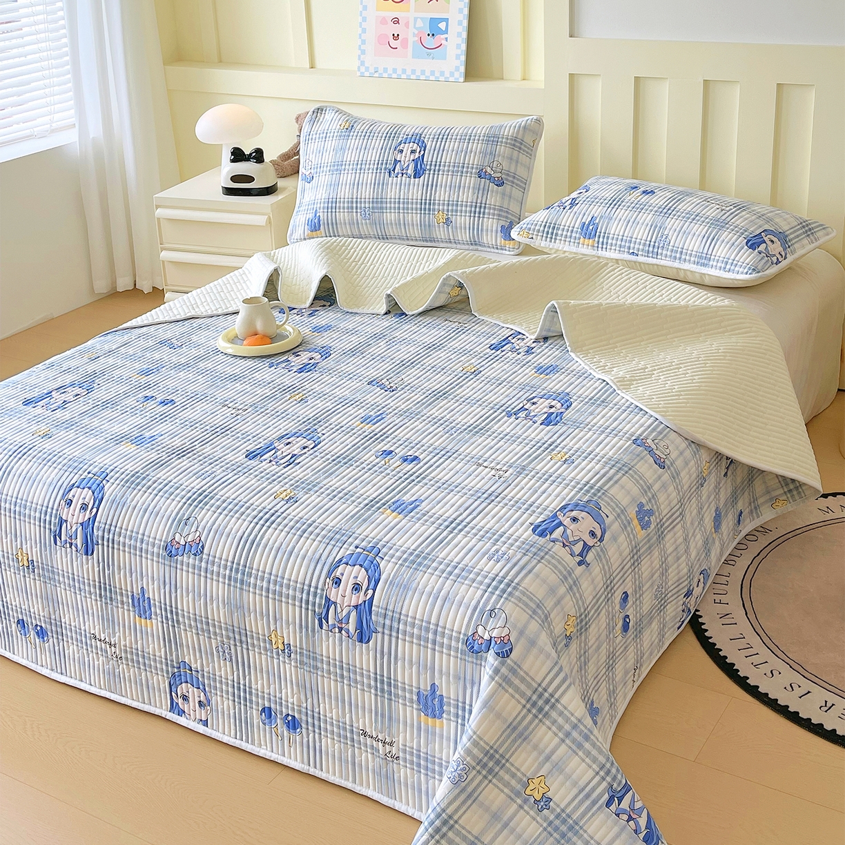 91家纺网 家纺一手货源 找家纺 金鑫汇家纺2025新款A类全棉绗缝夹棉印花床盖 谦逊敖丙