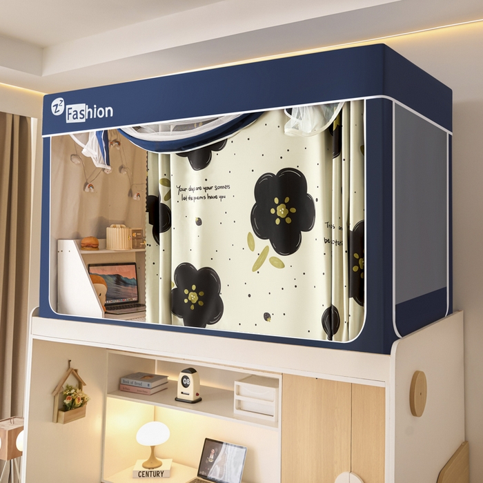 91家纺网 家纺一手货源 找家纺 梓瑄家居 2025新款100%物理强遮光纳米技术静电植绒环保透气床帘加密纱学生蚊帐透气面料 百花迎春