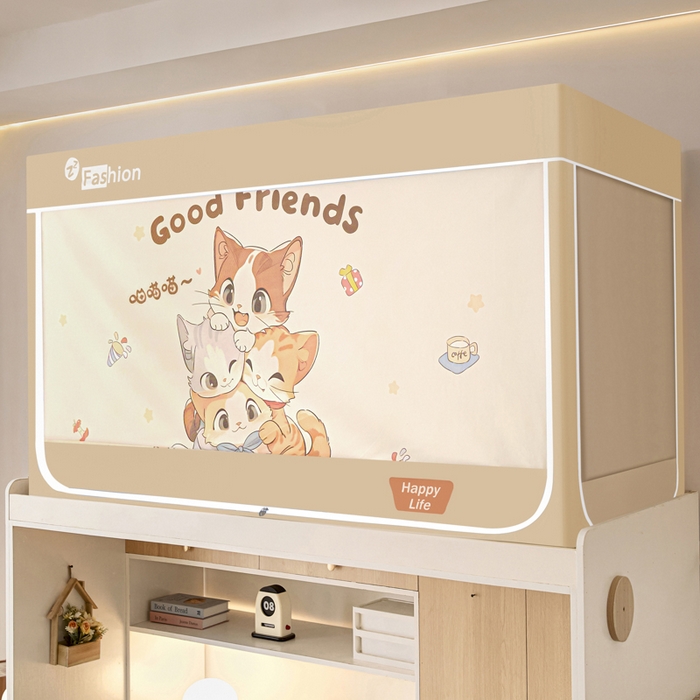 91家纺网 家纺一手货源 找家纺 梓瑄家居 2025新款100%物理强遮光纳米技术静电植绒环保透气床帘加密纱学生蚊帐透气面料 叠叠猫