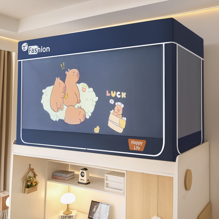 91家纺网 家纺一手货源 找家纺 梓瑄家居 2025新款100%物理强遮光纳米技术静电植绒环保透气床帘加密纱学生蚊帐透气面料 卡皮巴拉