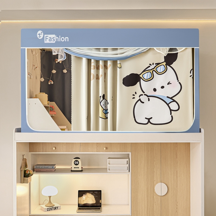 91家纺网 家纺一手货源 找家纺 梓瑄家居 2025新款100%物理强遮光纳米技术静电植绒环保透气床帘加密纱学生蚊帐透气面料 酷萌小汪