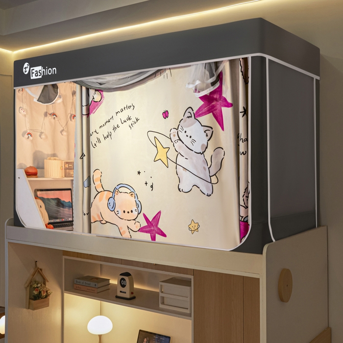 梓瑄家居 2025新款100%物理强遮光纳米技术静电植绒环保透气床帘加密纱学生蚊帐透气面料 快乐猫咪