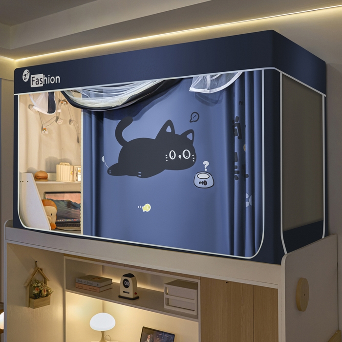 梓瑄家居 2025新款100%物理强遮光纳米技术静电植绒环保透气床帘加密纱学生蚊帐透气面料 躺赢猫