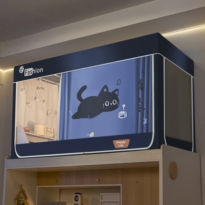 91家纺网 家纺一手货源 找家纺 梓瑄家居 2025新款100%物理强遮光纳米技术静电植绒环保透气床帘加密纱学生蚊帐透气面料 躺赢猫