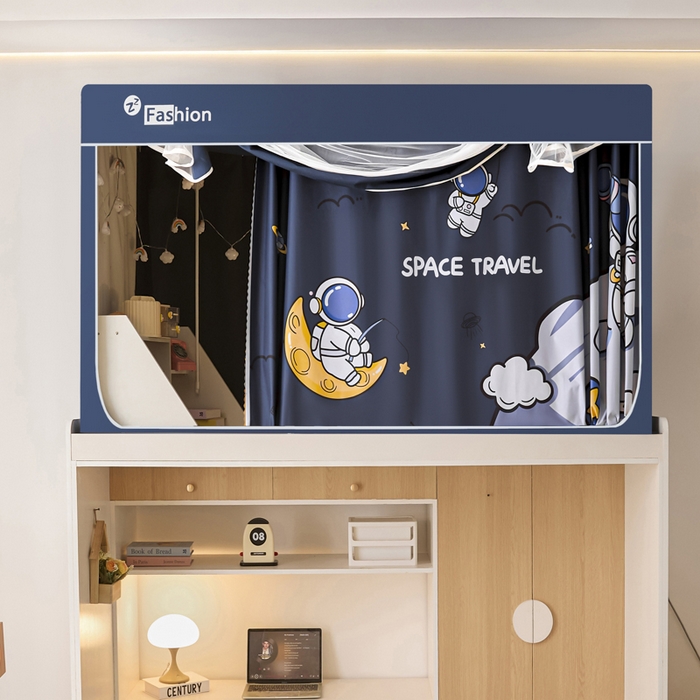 91家纺网 家纺一手货源 找家纺 梓瑄家居 2025新款100%物理强遮光纳米技术静电植绒环保透气床帘加密纱学生蚊帐透气面料 星球探索