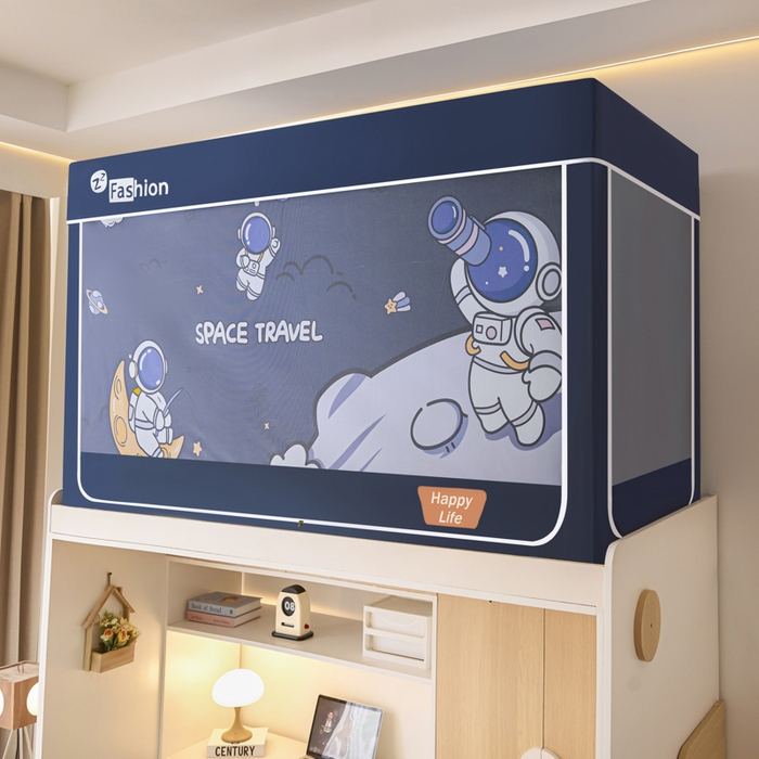 91家纺网 家纺一手货源 找家纺 梓瑄家居 2025新款100%物理强遮光纳米技术静电植绒环保透气床帘加密纱学生蚊帐透气面料 星球探索