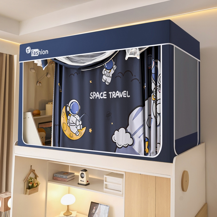 91家纺网 家纺一手货源 找家纺 梓瑄家居 2025新款100%物理强遮光纳米技术静电植绒环保透气床帘加密纱学生蚊帐透气面料 星球探索