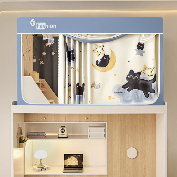 91家纺网 家纺一手货源 找家纺 梓瑄家居 2025新款100%物理强遮光纳米技术静电植绒环保透气床帘加密纱学生蚊帐透气面料 月亮猫