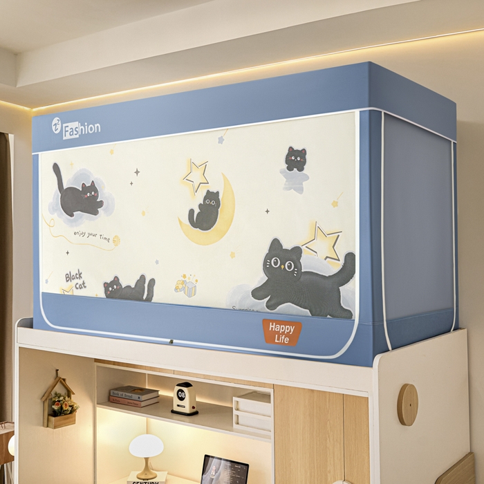 91家纺网 家纺一手货源 找家纺 梓瑄家居 2025新款100%物理强遮光纳米技术静电植绒环保透气床帘加密纱学生蚊帐透气面料 月亮猫