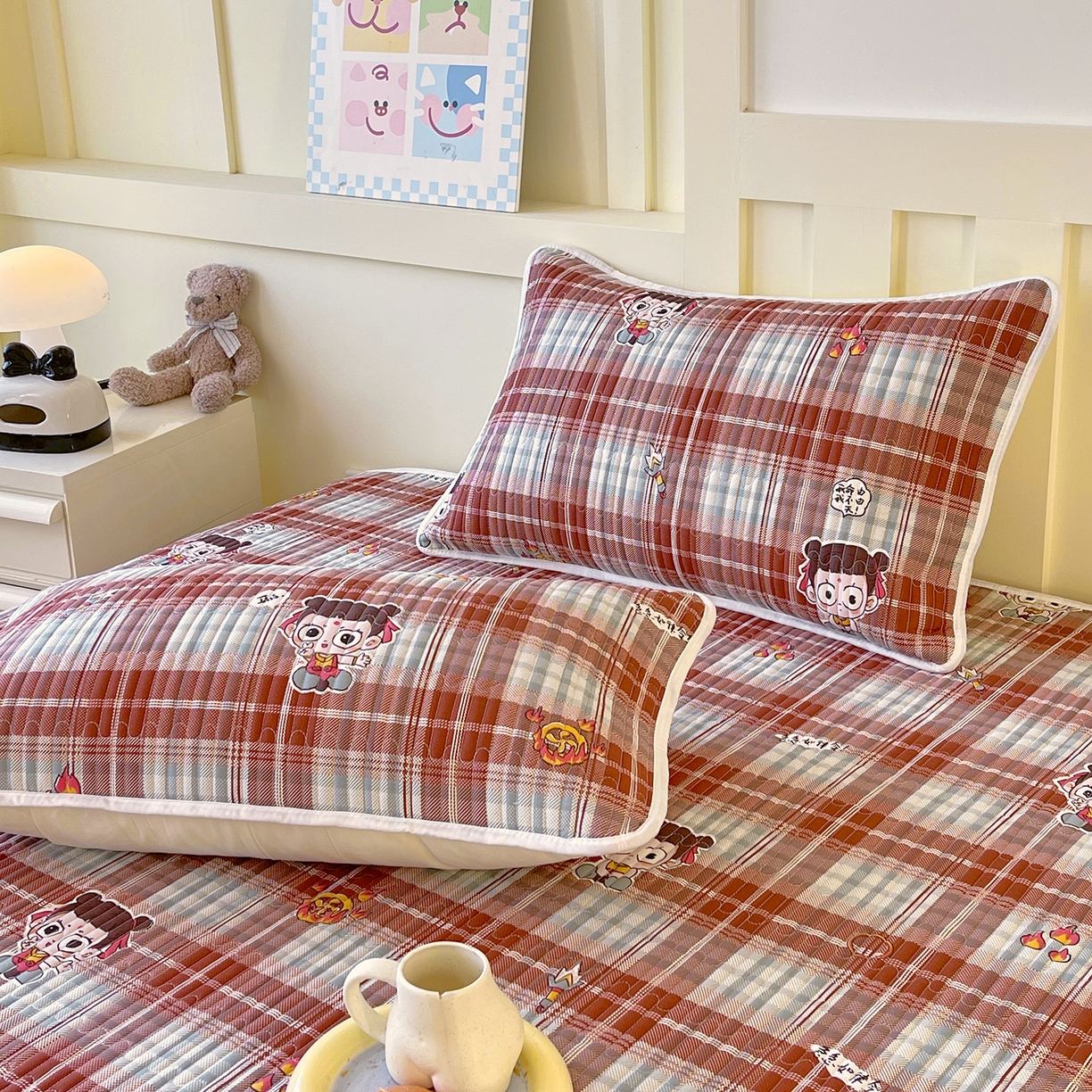 91家纺网 家纺一手货源 找家纺 金鑫汇家纺 2025新款A类全绗缝夹棉印花枕套 传奇哪吒·棕