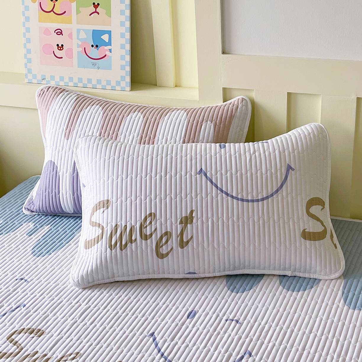 金鑫汇家纺 2025新款A类全绗缝夹棉印花枕套 奶油粉