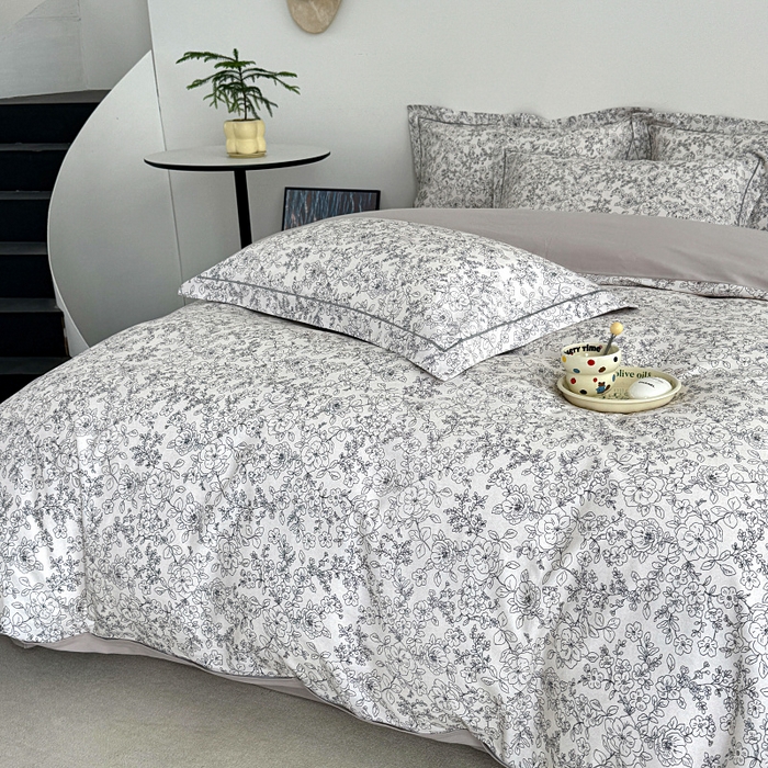 91家纺网 家纺一手货源 找家纺 艾迪尚家纺 2025新款生态全棉纯棉磨毛印花四件套 樱花雪-灰