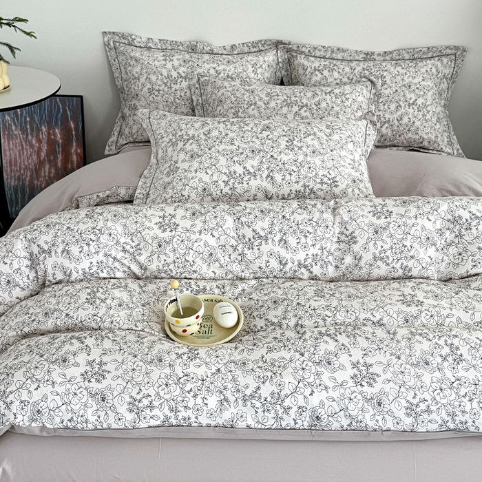 91家纺网 家纺一手货源 找家纺 艾迪尚家纺 2025新款生态全棉纯棉磨毛印花四件套 樱花雪-灰