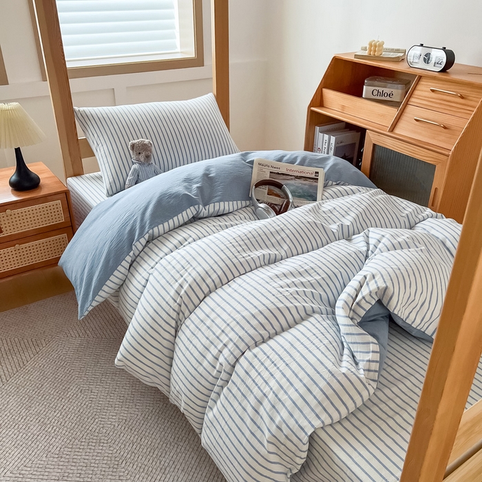 91家纺网 家纺一手货源 找家纺 鸣升家纺 2025新款全棉纯棉色织水洗棉学生宿舍床三件套上下铺三件套六件套 青春-海兰