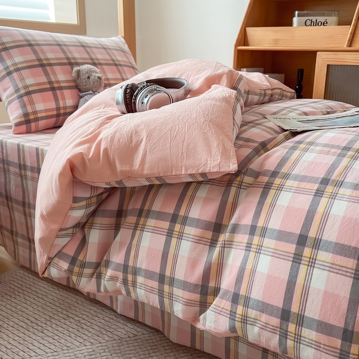 91家纺网 家纺一手货源 找家纺 鸣升家纺 2025新款全棉纯棉色织水洗棉学生宿舍床三件套上下铺三件套六件套 莫妮卡粉