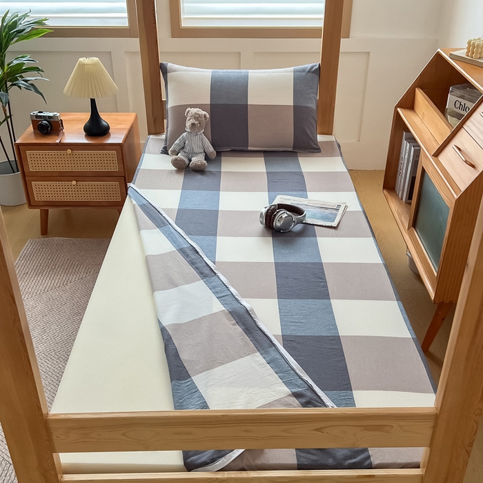 91家纺网 家纺一手货源 找家纺 鸣升家纺 2025新款全棉纯棉色织水洗棉学生宿舍床三件套上下铺三件套六件套 米粽丈青格