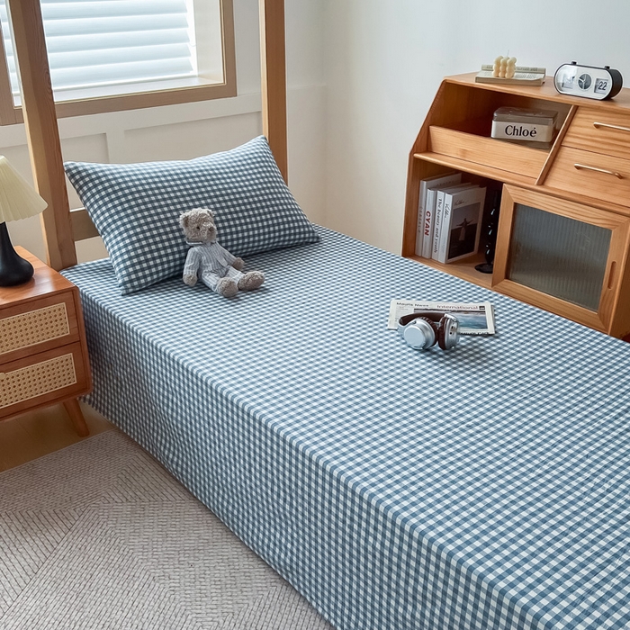 91家纺网 家纺一手货源 找家纺 鸣升家纺 2025新款全棉纯棉色织水洗棉学生宿舍床三件套上下铺三件套六件套 浅蓝小格