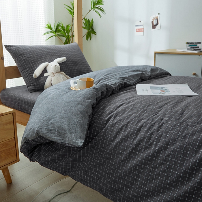 91家纺网 家纺一手货源 找家纺 鸣升家纺 2025新款全棉纯棉色织水洗棉学生宿舍床三件套上下铺三件套六件套 新灰格