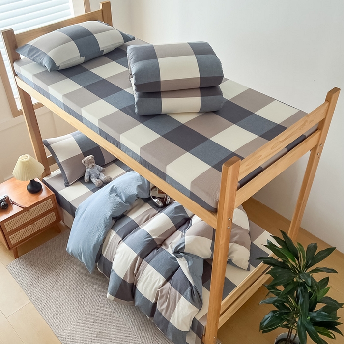 91家纺网 家纺一手货源 找家纺 鸣升家纺 2025新款全棉纯棉色织水洗棉学生宿舍床三件套上下铺三件套六件套 米粽丈青格