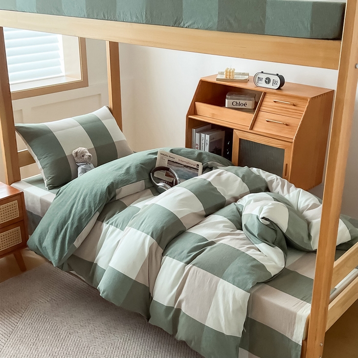 91家纺网 家纺一手货源 找家纺 鸣升家纺 2025新款全棉纯棉色织水洗棉学生宿舍床三件套上下铺三件套六件套 绿大格