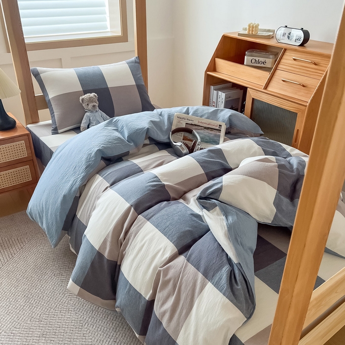 91家纺网 家纺一手货源 找家纺 鸣升家纺 2025新款全棉纯棉色织水洗棉学生宿舍床三件套上下铺三件套六件套 米粽丈青格