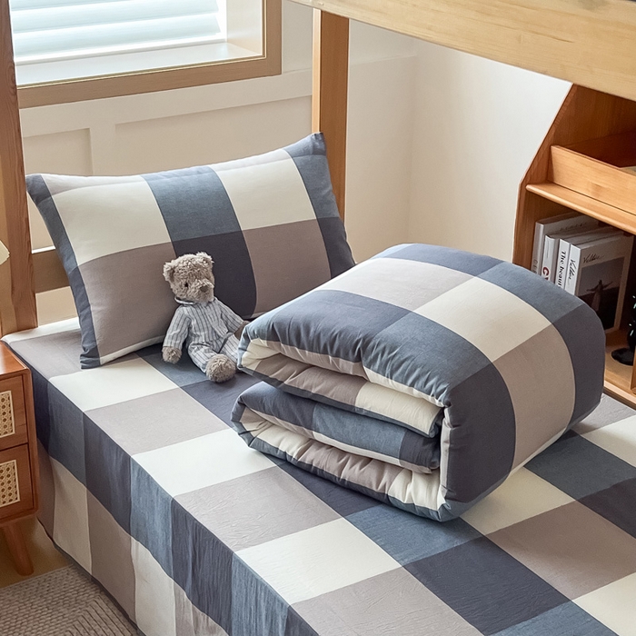 91家纺网 家纺一手货源 找家纺 鸣升家纺 2025新款全棉纯棉色织水洗棉学生宿舍床三件套上下铺三件套六件套 米粽丈青格