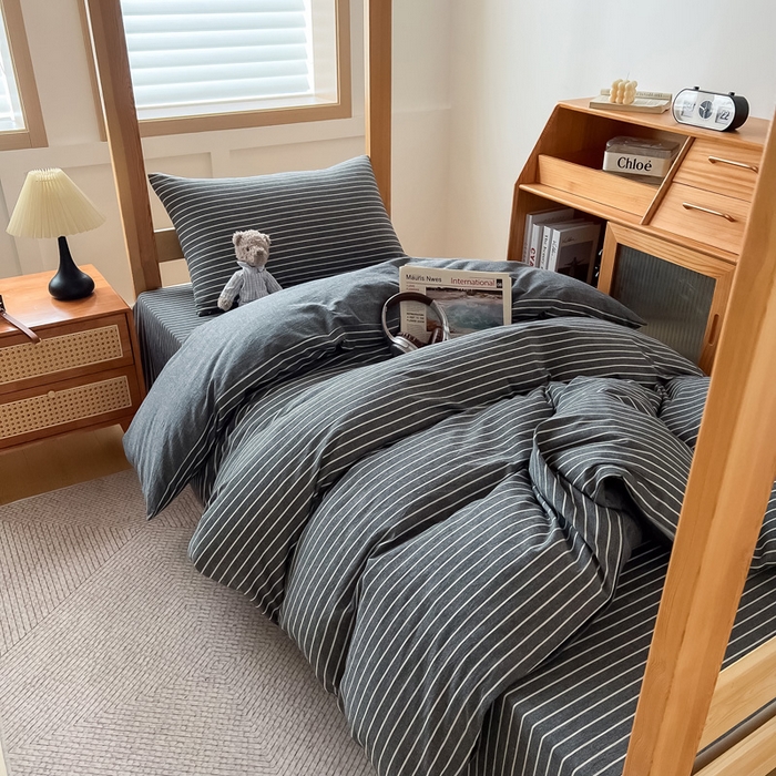 91家纺网 家纺一手货源 找家纺 鸣升家纺 2025新款全棉纯棉色织水洗棉学生宿舍床三件套上下铺三件套六件套 中灰条