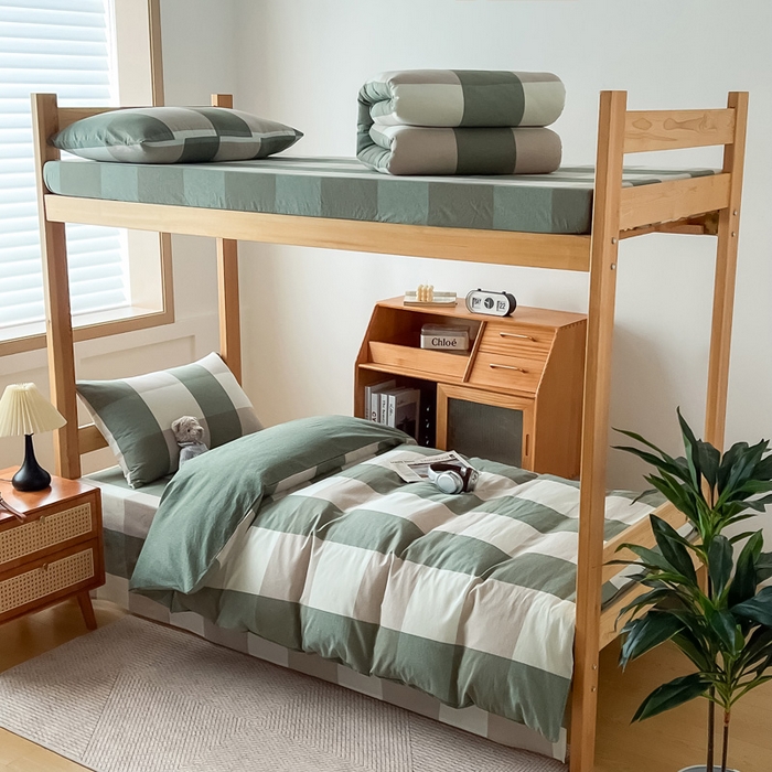 91家纺网 家纺一手货源 找家纺 鸣升家纺 2025新款全棉纯棉色织水洗棉学生宿舍床三件套上下铺三件套六件套 绿大格