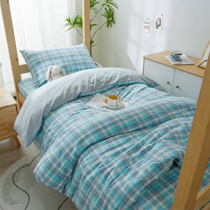 91家纺网 家纺一手货源 找家纺 鸣升家纺 2025新款全棉纯棉色织水洗棉学生宿舍床三件套上下铺三件套六件套 星空绿