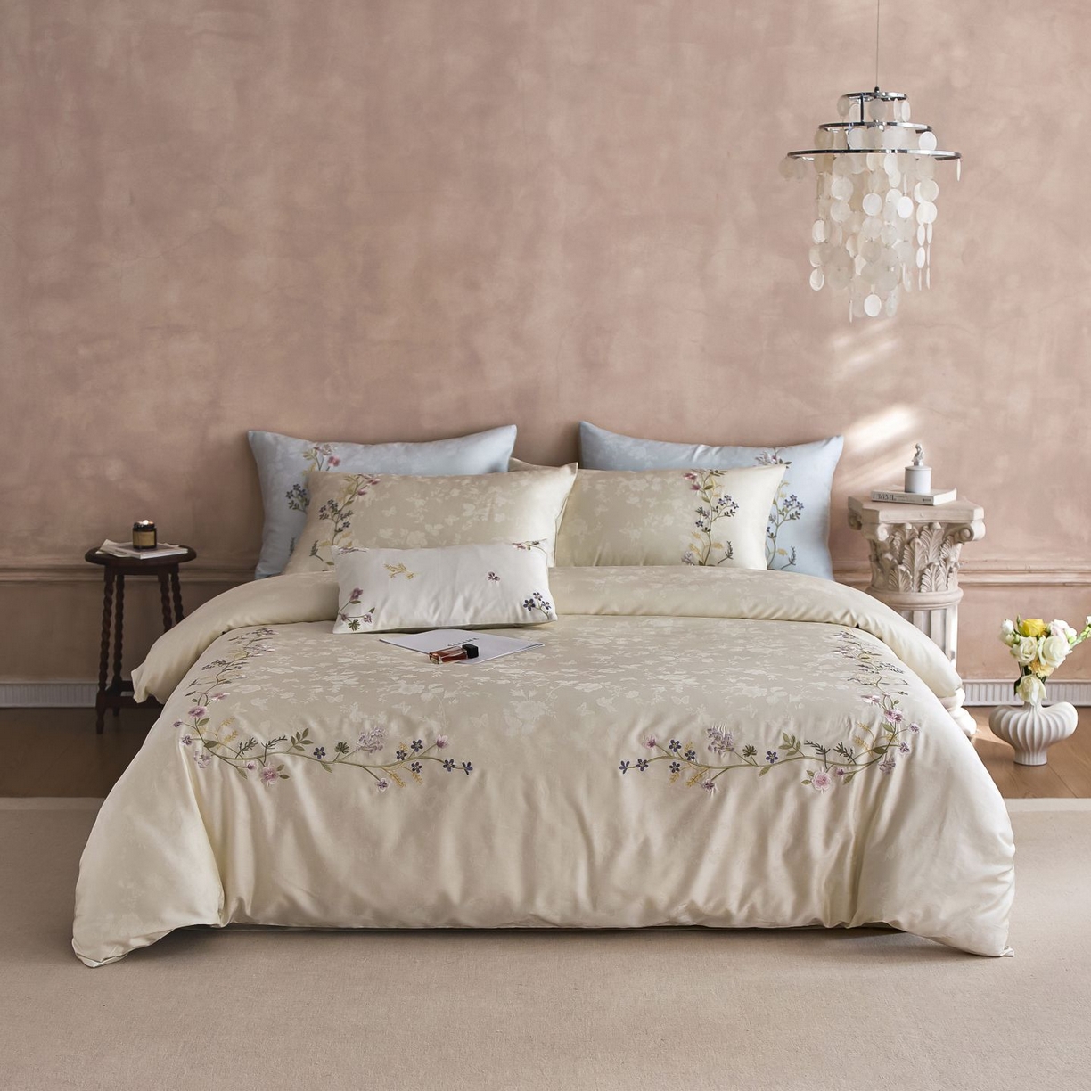 91家纺网 家纺一手货源 找家纺 初拾 2025新款100s全棉提花刺绣系列—花步巷 花步巷-奶油白绿