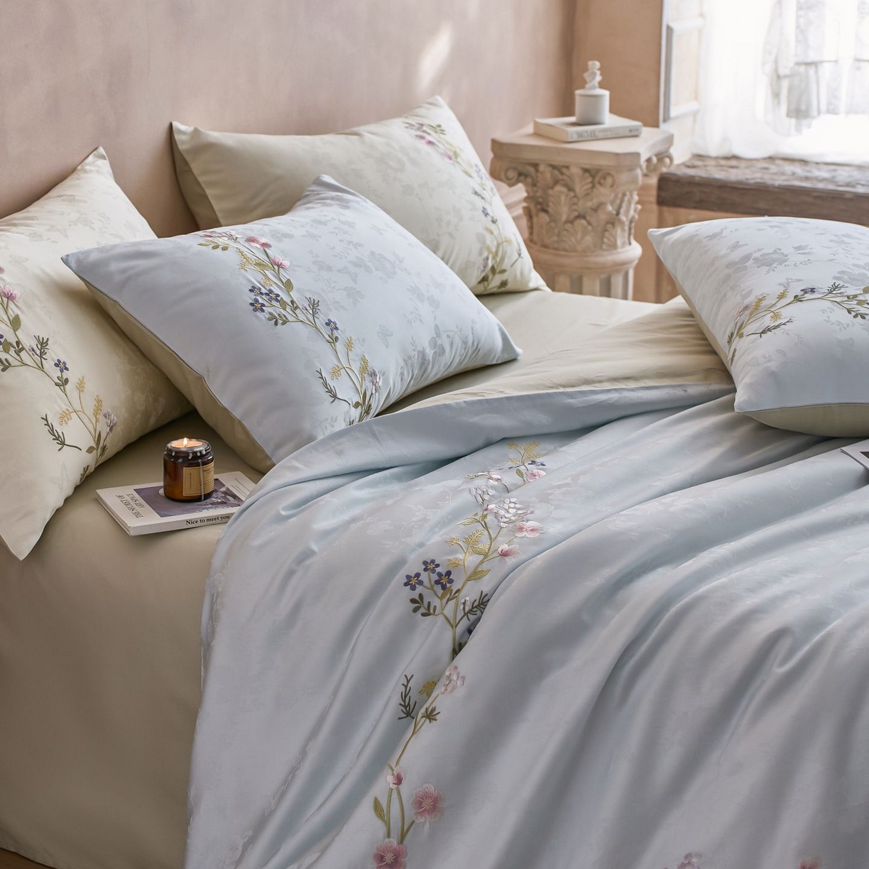 91家纺网 家纺一手货源 找家纺 初拾 2025新款100s全棉提花刺绣系列—花步巷 花步巷-海边蓝