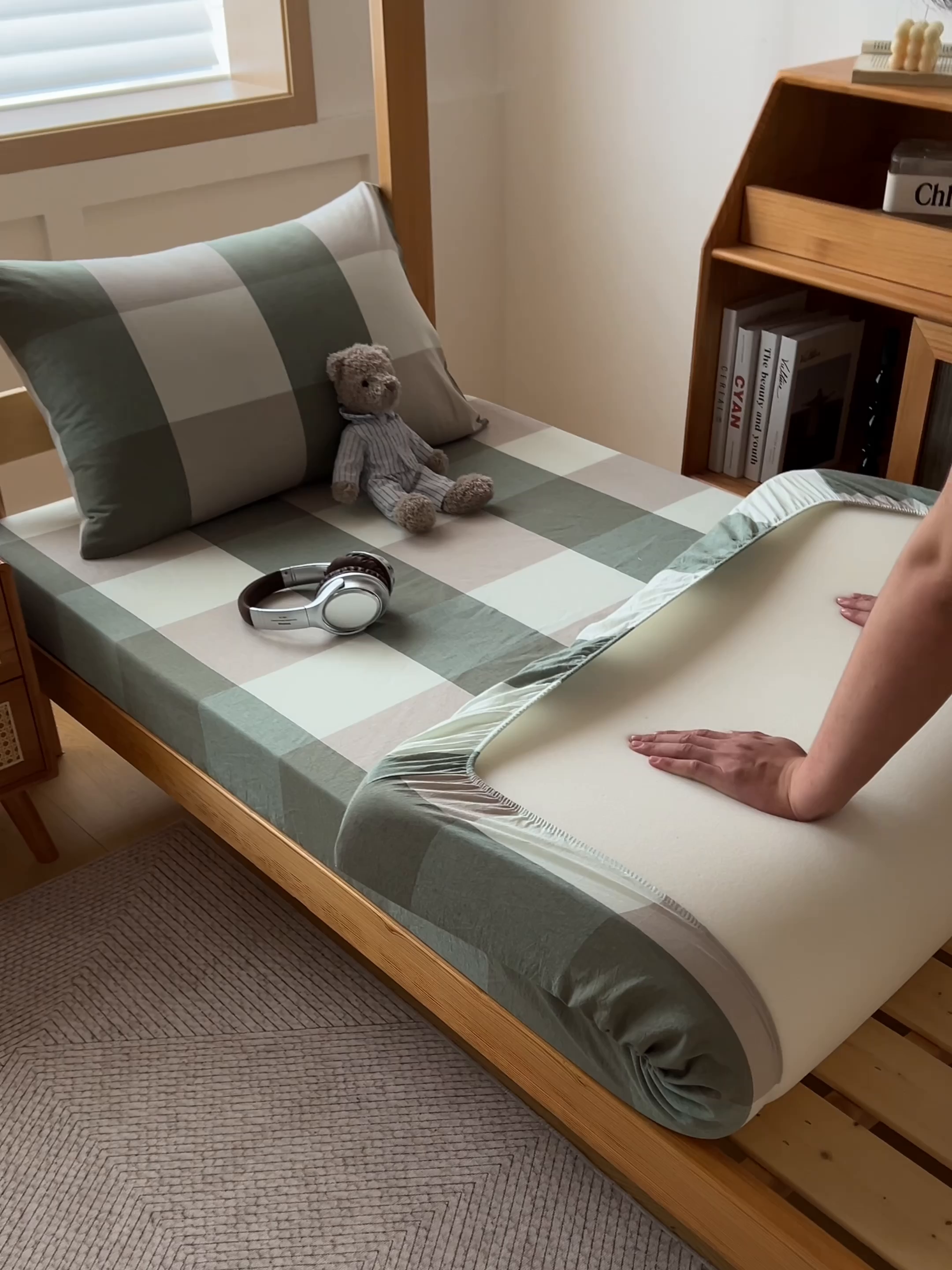 91家纺网 家纺一手货源 找家纺 九沐良品 2025新款全棉纯棉色织水洗棉学生三件套六件套大礼包 绿大格