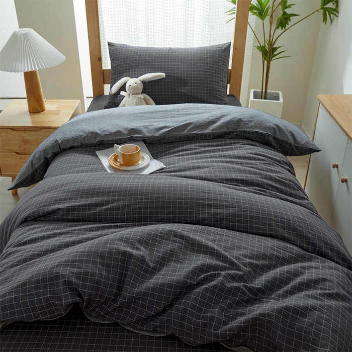 91家纺网 家纺一手货源 找家纺 九沐良品 2025新款全棉纯棉色织水洗棉学生三件套六件套大礼包 新灰格