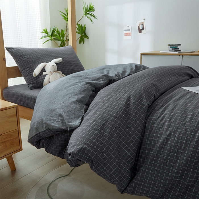 91家纺网 家纺一手货源 找家纺 九沐良品 2025新款全棉纯棉色织水洗棉学生三件套六件套大礼包 新灰格