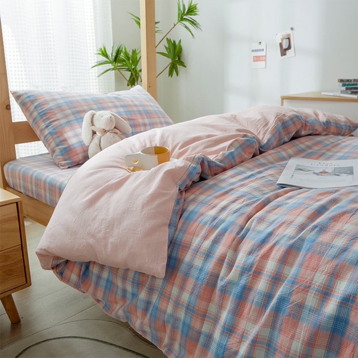 91家纺网 家纺一手货源 找家纺 九沐良品 2025新款全棉纯棉色织水洗棉学生三件套六件套大礼包 星空粉