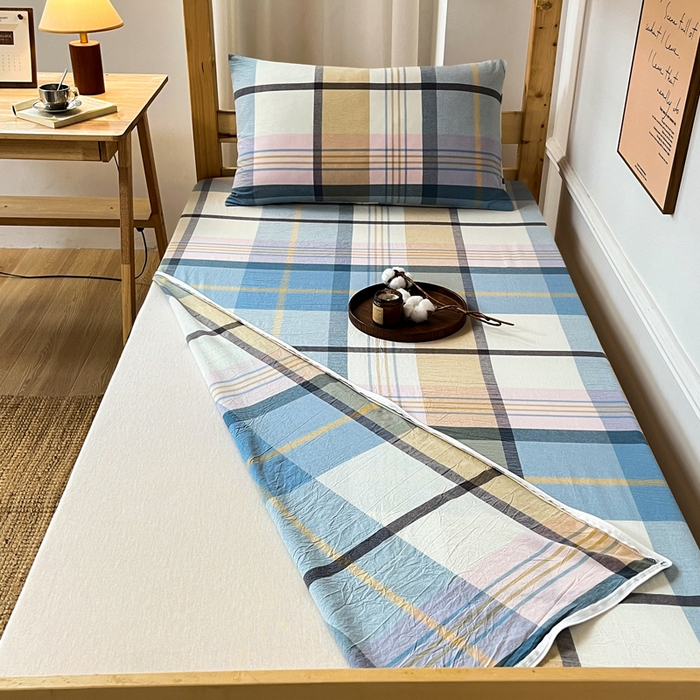 91家纺网 家纺一手货源 找家纺 九沐良品 2025新款全棉纯棉色织水洗棉学生三件套六件套大礼包 英伦格