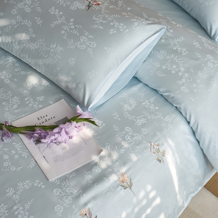 91家纺网 家纺一手货源 找家纺 初拾 2025新款全棉纯棉提花刺绣系列—栀子花信 栀子花信-海水蓝